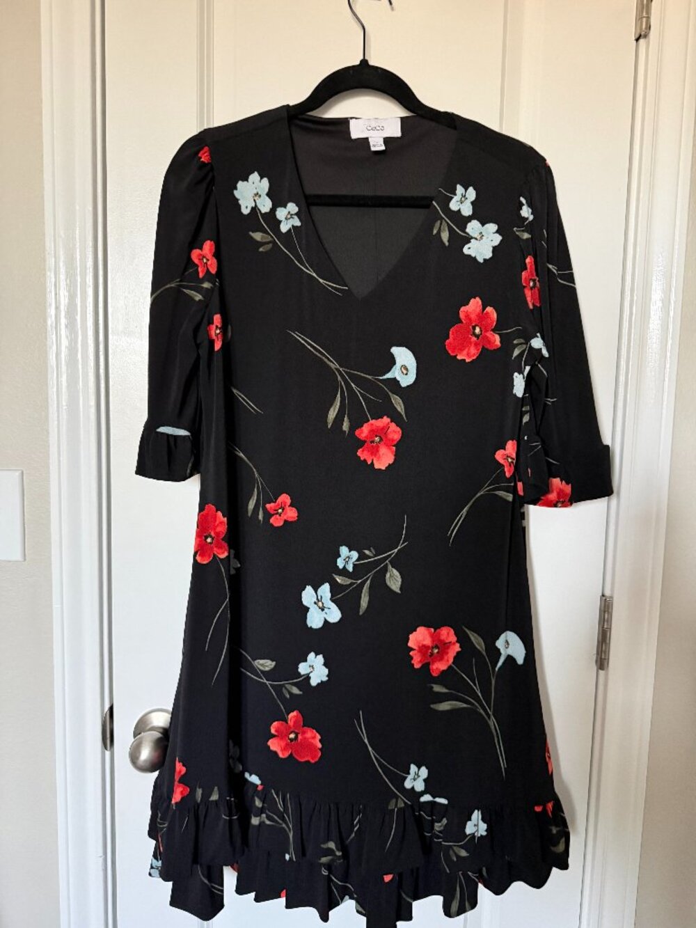 CeCe Black Midi Dress with Red and Light Blue Floral Accents